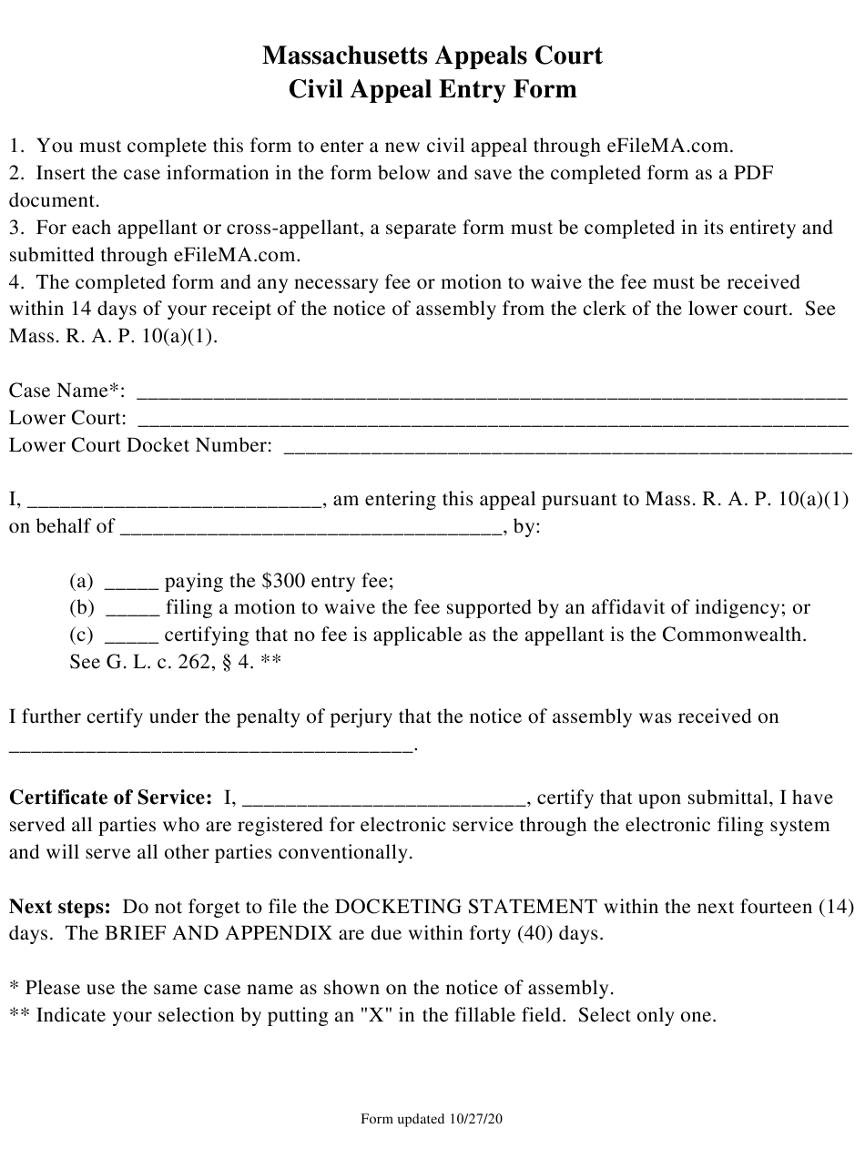 Massachusetts Civil Appeal Entry Form Download Fillable PDF