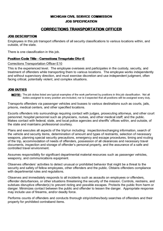 Michigan Civil Service Commission Job Specification Corrections 