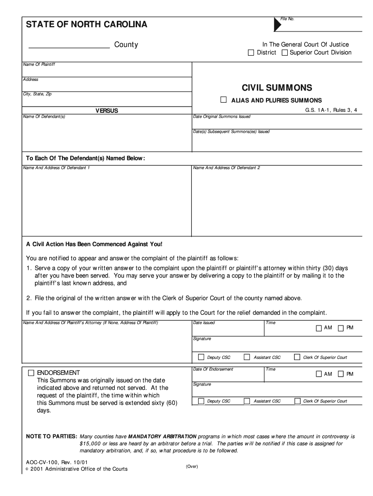 Nc Civil Summons Answer Form 2020 2022 Fill And Sign Printable