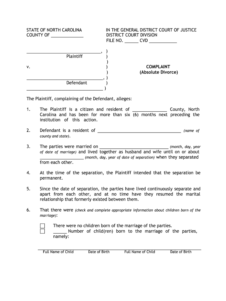 NC Court Form Complaint Absolute Divorce Complete Legal Document