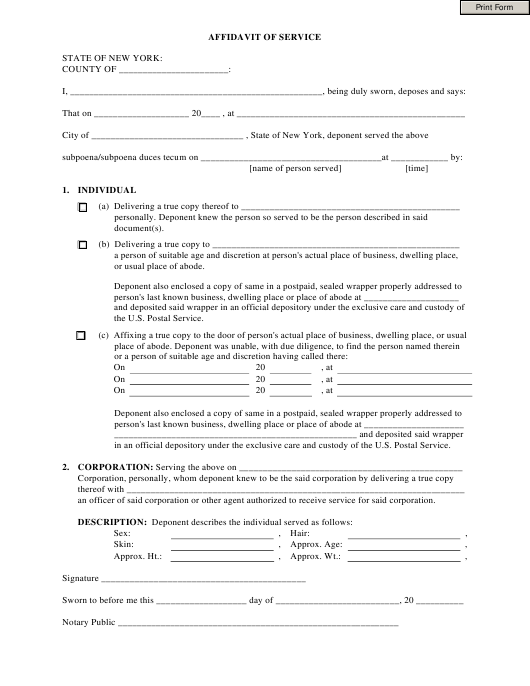 New York Affidavit Of Service Form