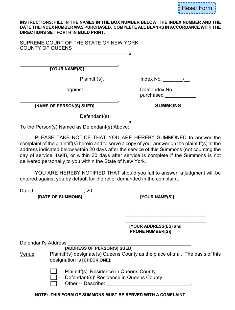 New York Summons Download Fillable PDF Templateroller