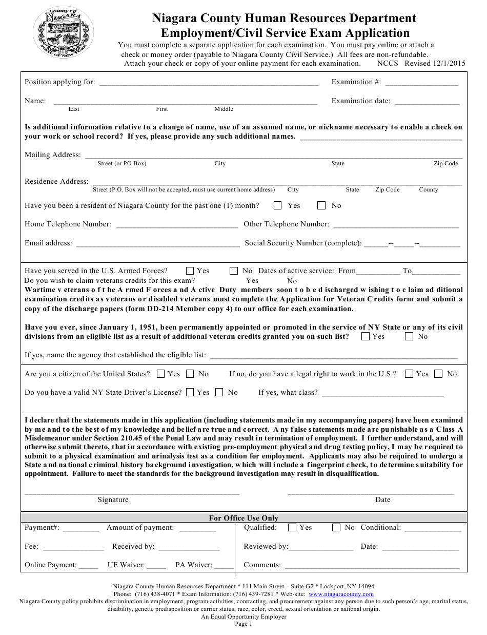 Niagara County New York Employment Civil Service Exam Application Form