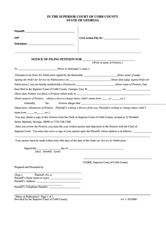 Notice Of Publication Form Superior Court Of Cobb County Printable 