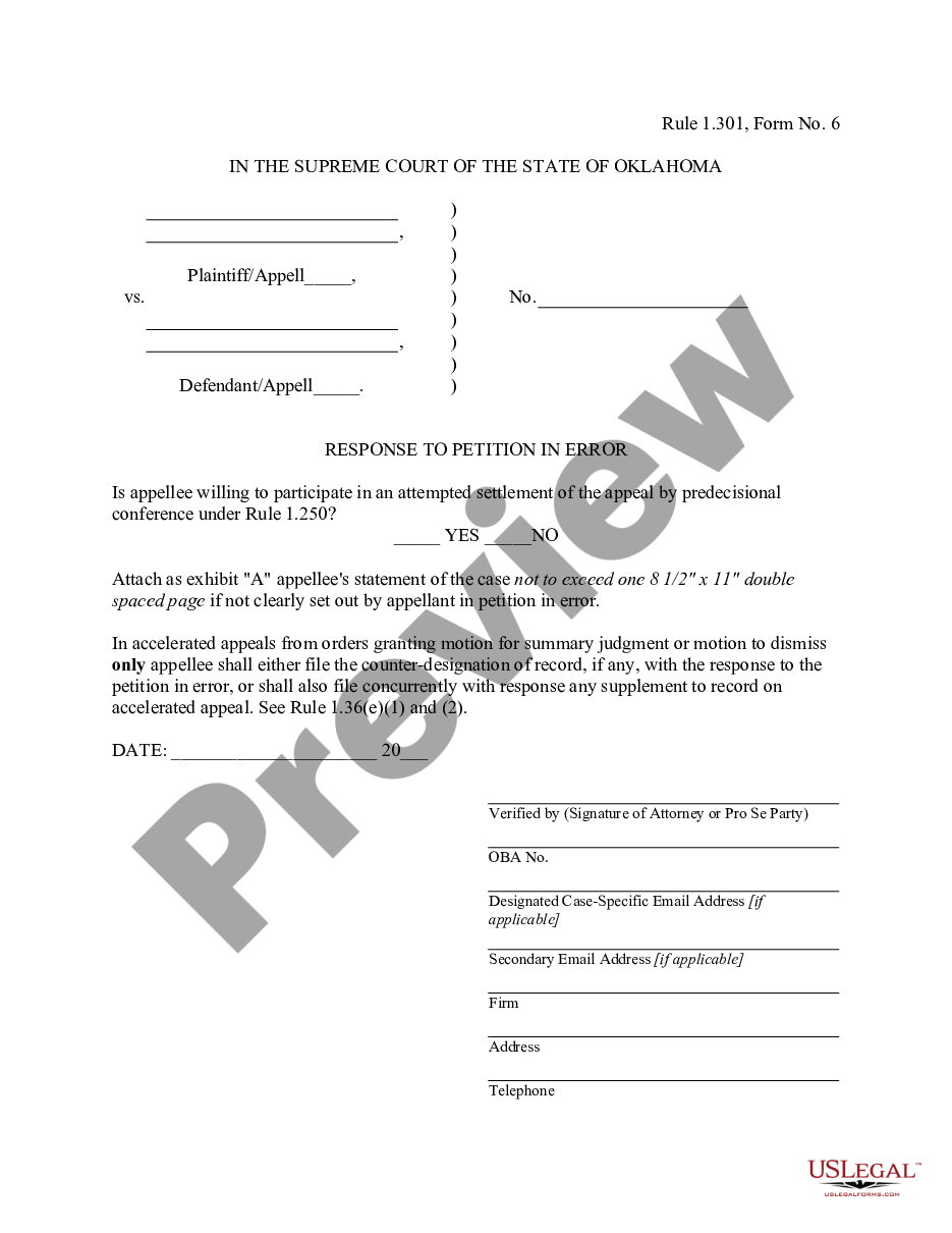 Oklahoma Response To Petition In Error US Legal Forms