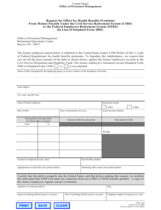 OPM Form 1522 Download Fillable PDF Or Fill Online Request For Offset 