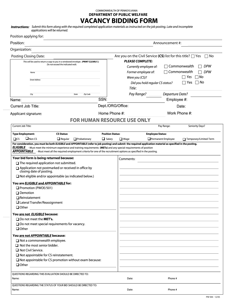 PA DPW Form PW 944 2005 2021 Fill And Sign Printable Template Online