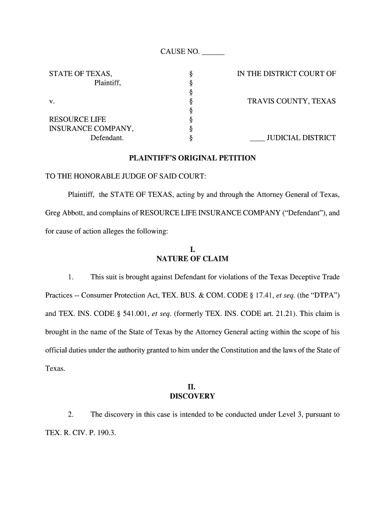 Plaintiffs Original Petition Texas Template Fill Online Printable 