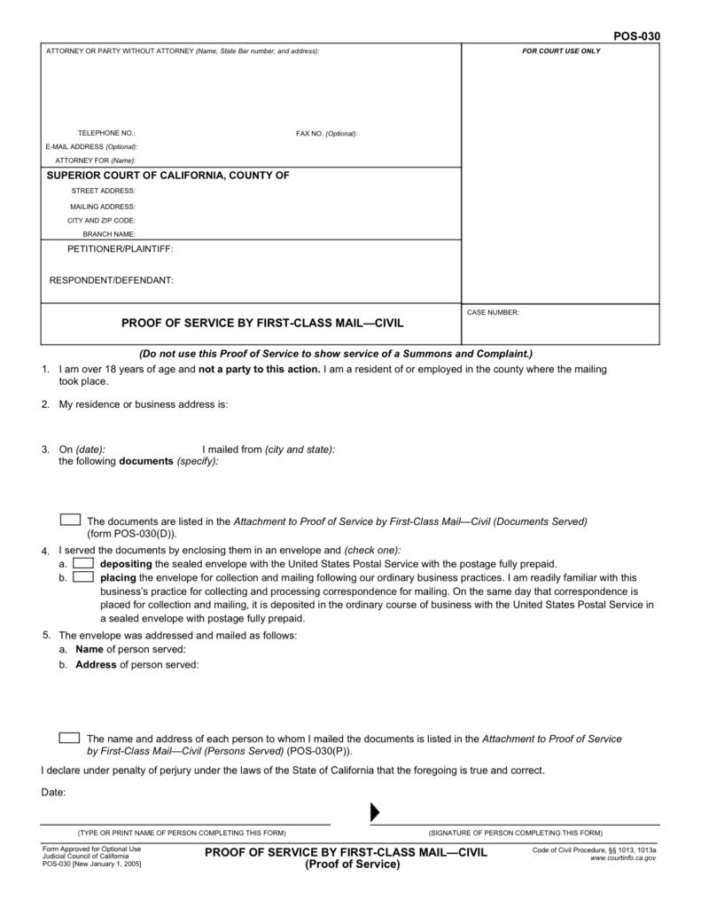 POS 030 Proof Of Service By First Class Mail Civil Fillable Form 