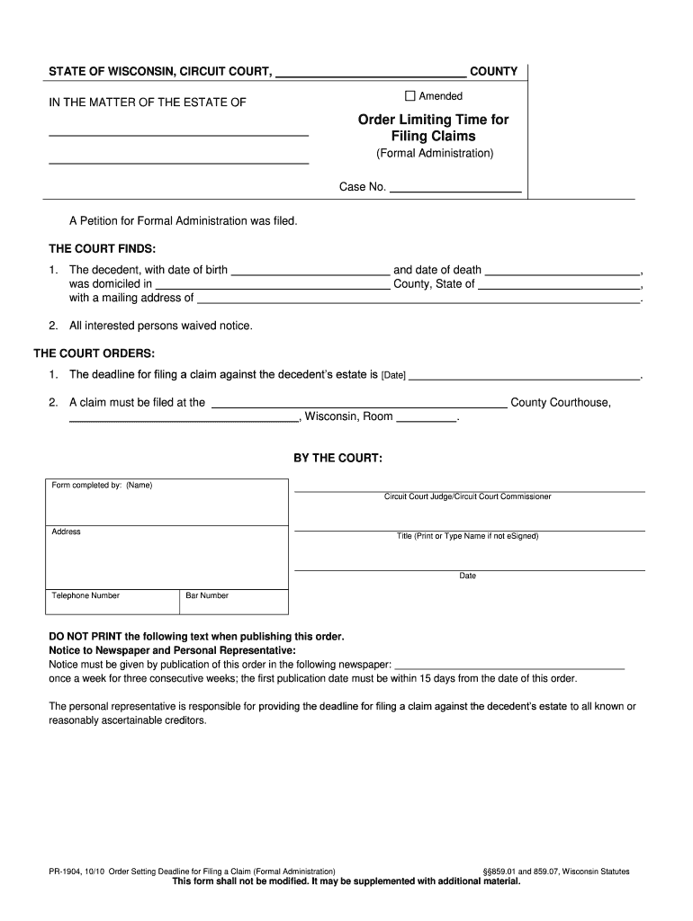 PR 1833 Petition For Extension Of Time Wisconsin Court Form Fill Out 