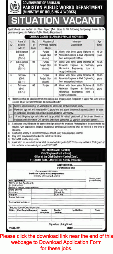 PWD Jobs July 2020 Application Form Pakistan Public Works Department 