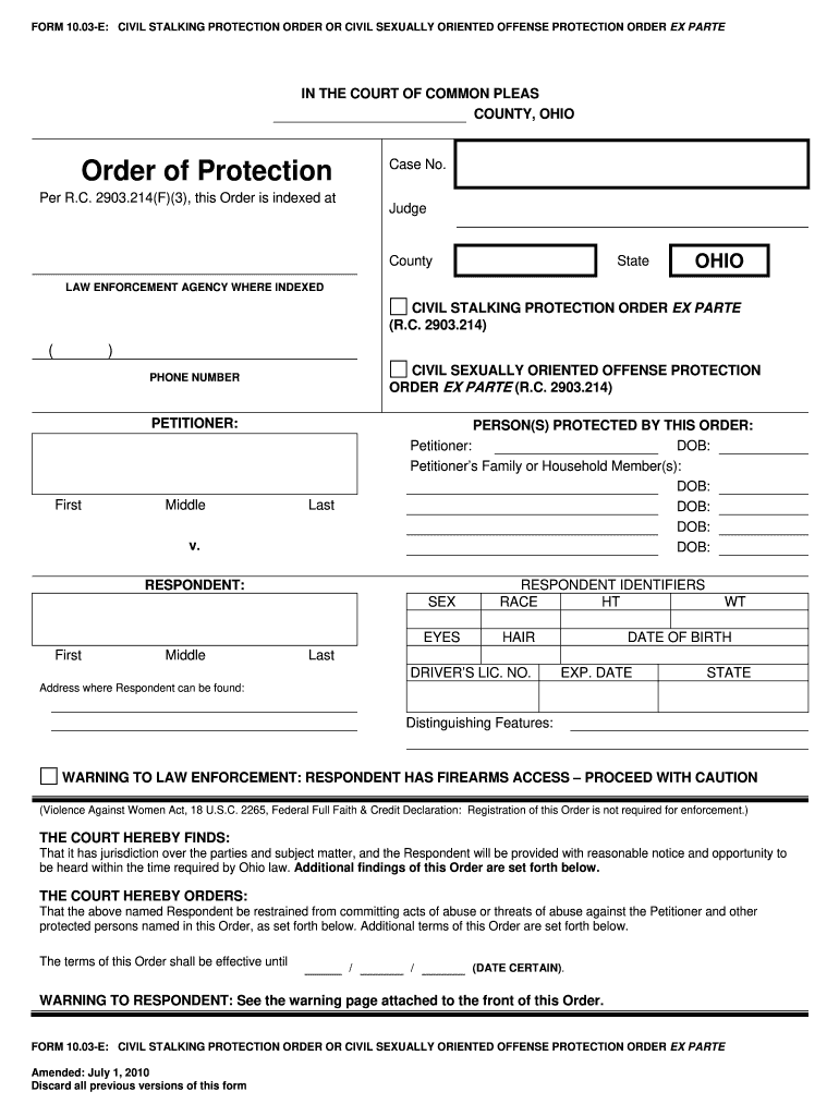 Restraining Order Ohio Form Fill Online Printable Fillable Blank 