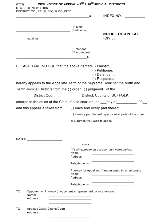 Suffolk County New York Notice Of Appeal Civil Download Printable 