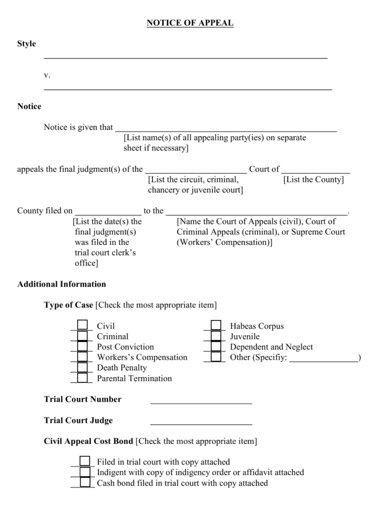 Tennessee Notice Of Appeal Download Fillable PDF Templateroller