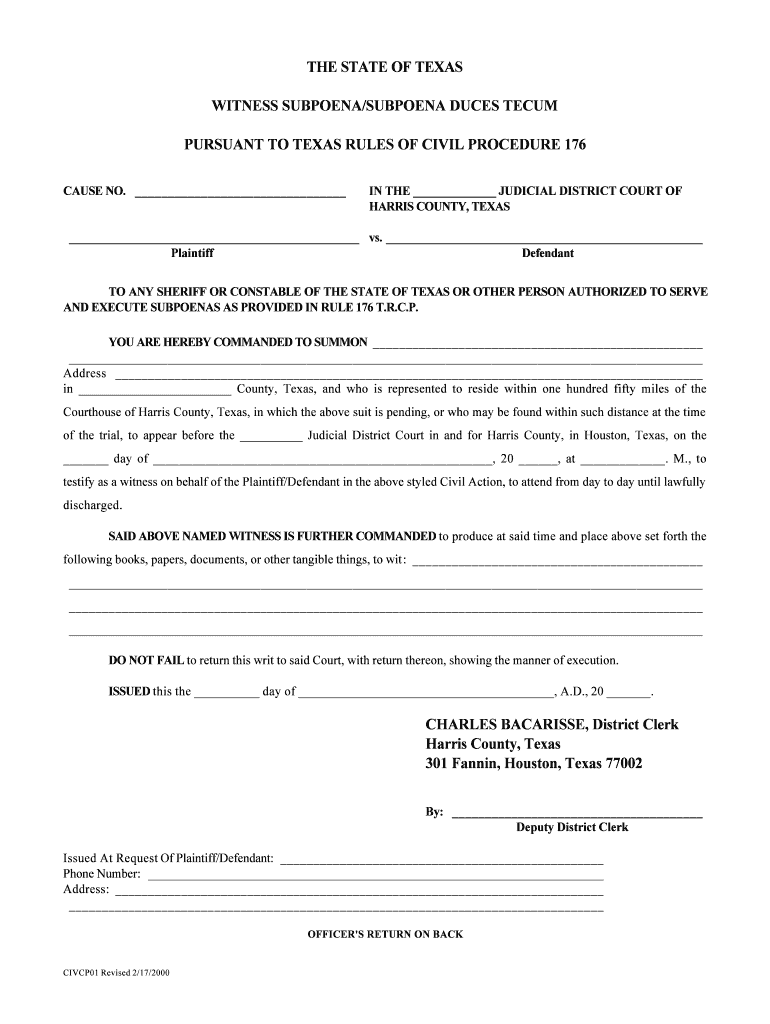 The STATE Of TEXAS WITNESS SUBPOENASUBPOENA DUCES TECUM Form Fill Out