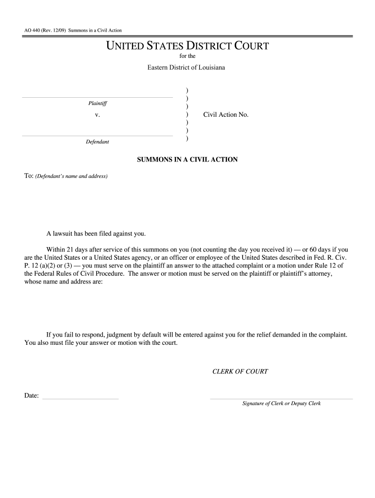 United States District Court Eastern District Summons In A Civil Action