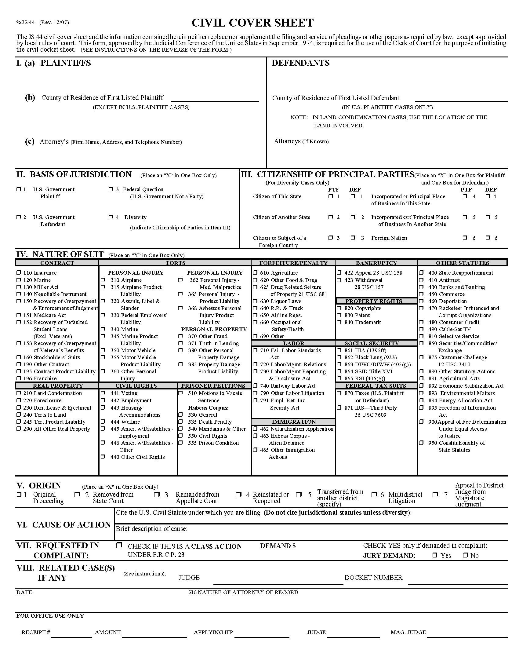USA Civil Cover Sheet Form JS 44 Legal Forms And Business Templates