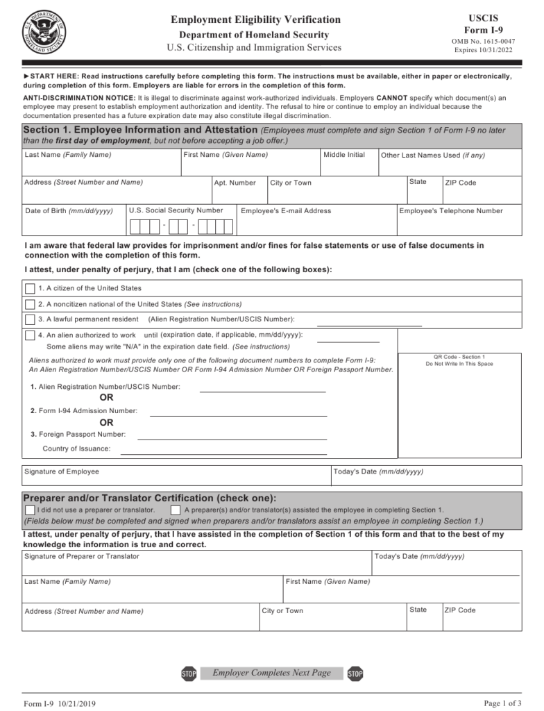 USCIS Form I 9 Download Fillable PDF Or Fill Online Employment 