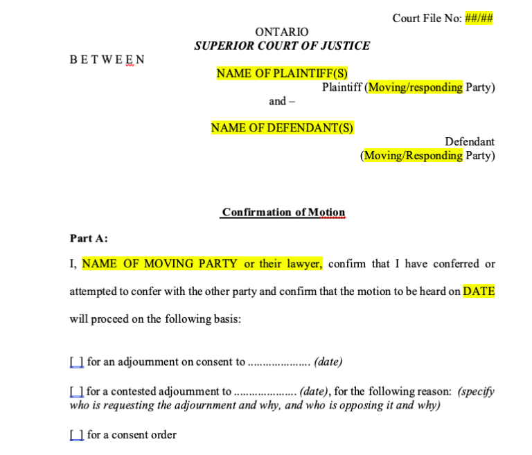 Word Template Confirmation Form 37B civil Motions At Ontario Superior