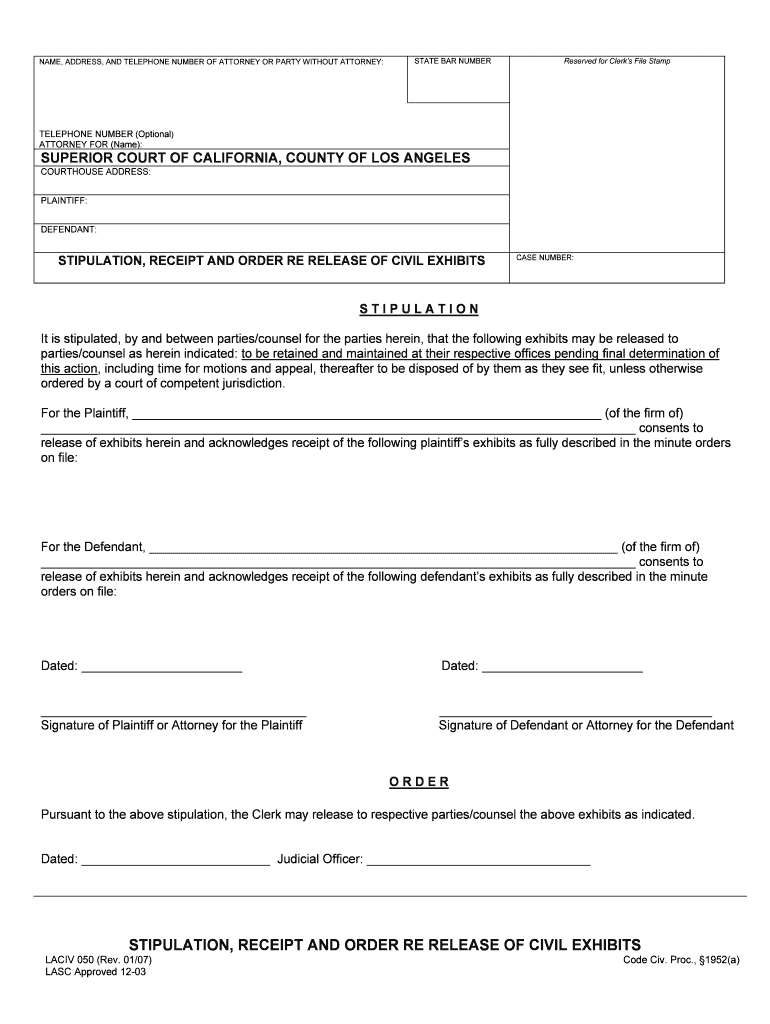 2007 Form CA LACIV 050Fill Online Printable Fillable Blank PdfFiller