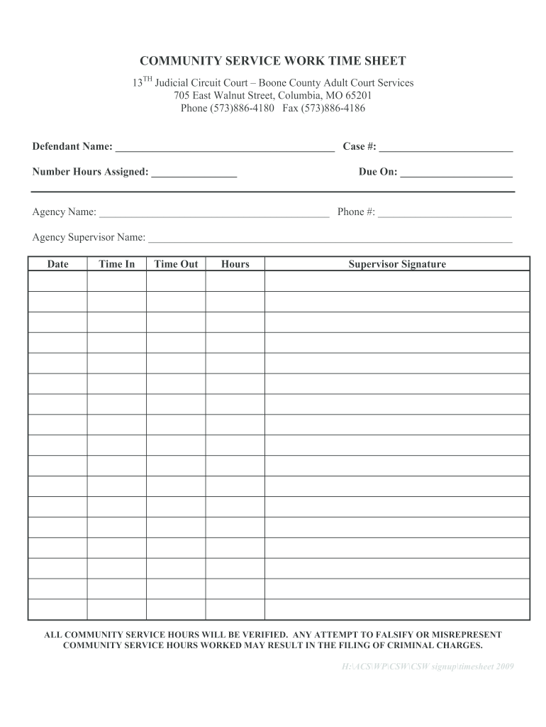 2009 Form MO Community Service Work Time SheetFill Online Printable 