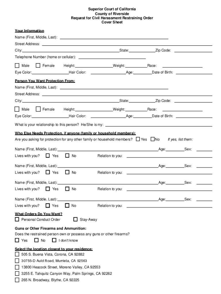 2021 Form CA Request For Civil Harassment Restraining Order Cover Sheet