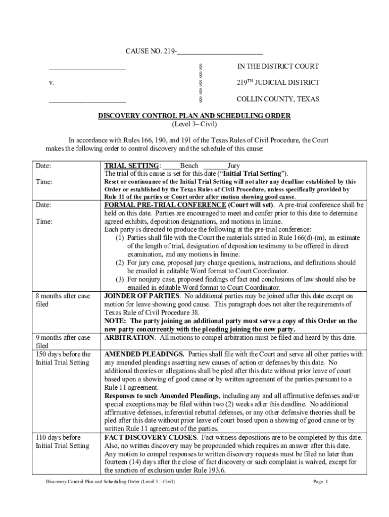 219th Level 3 Civil Docket Control Order Fill And Sign Printable