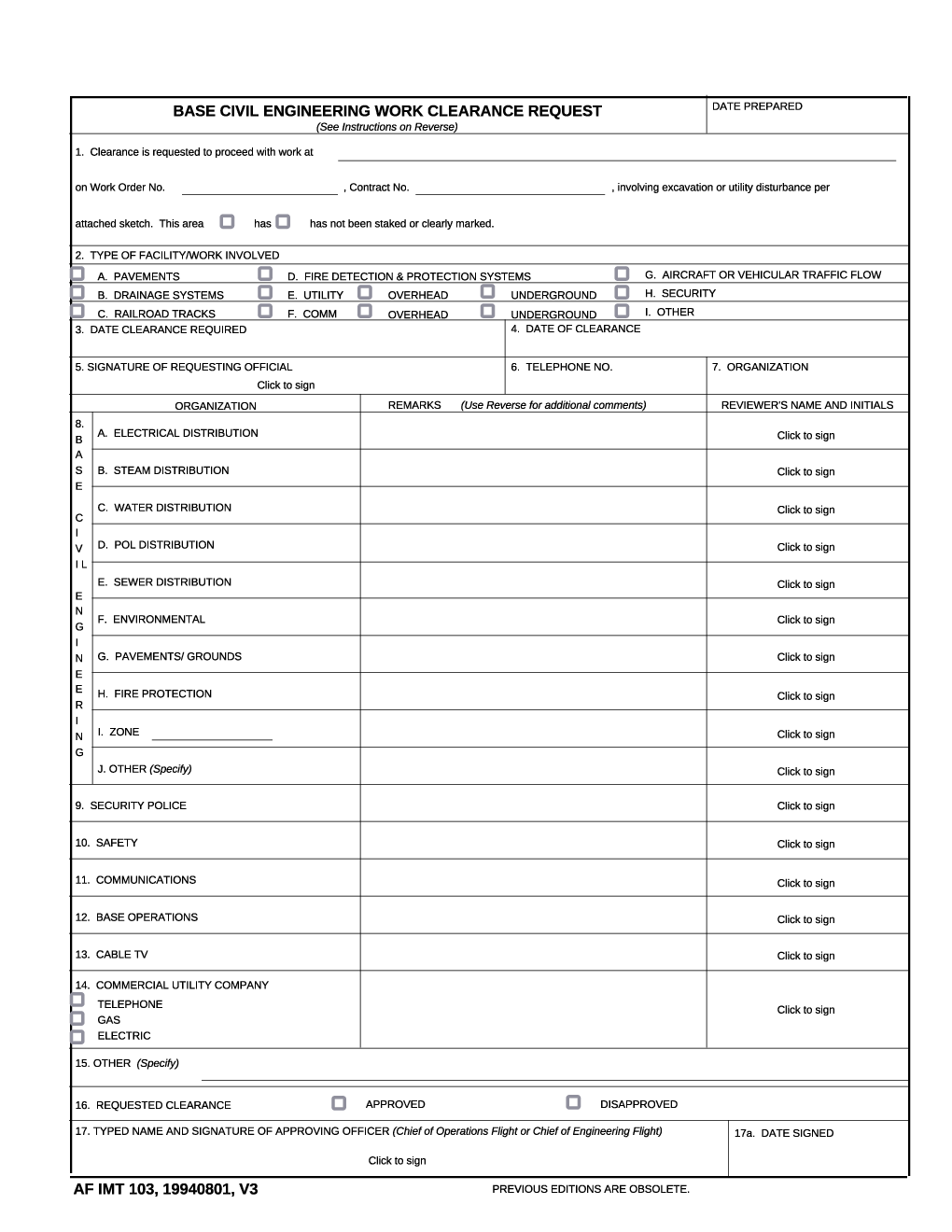 AF Form 103 Base Civil Engineering Work Clearance Request Forms