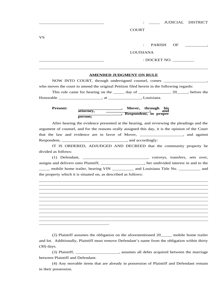 Amended Judgment On Rule Louisiana Form Fill Out And Sign Printable