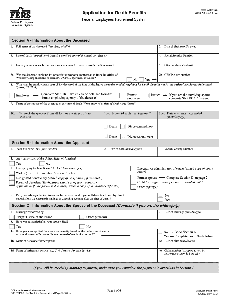 Application For Death Benefits FERS SF 3104Pdf Fpdf Form Fill Out And 