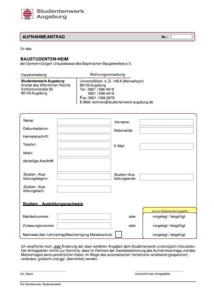 Application Form Civil Engineering Students Studentenwerk Augsburg