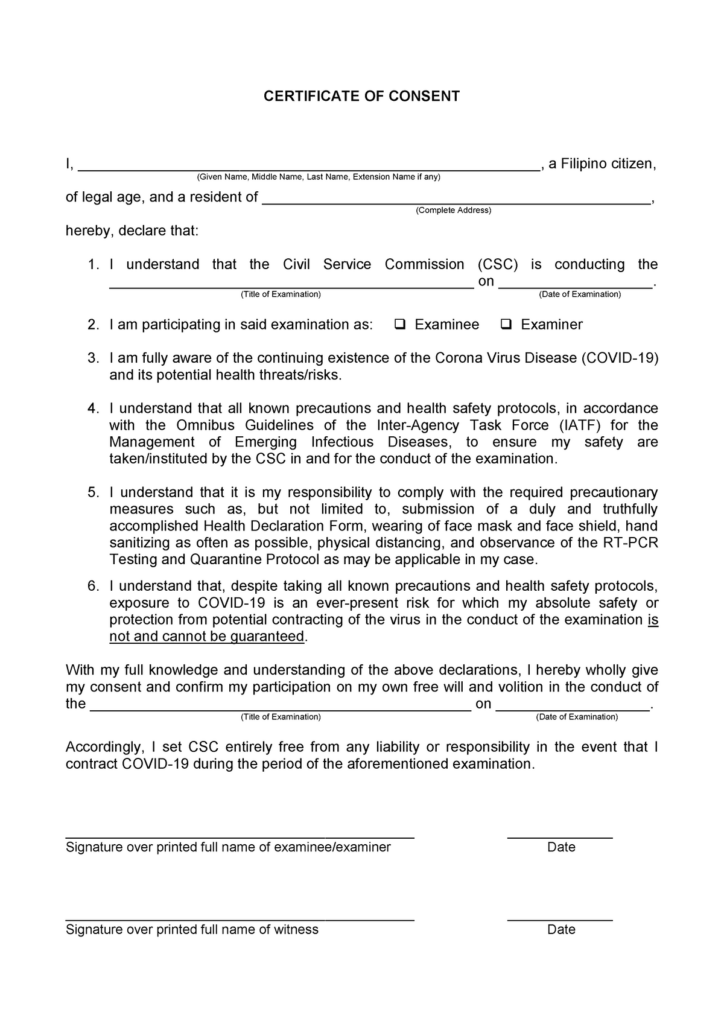 Certificate of Consent In CSC Exam CERTIFICATE OF CONSENT I StuDocu