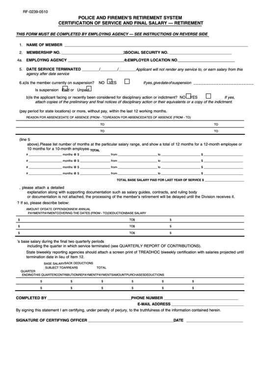 Certification Of Service And Final Salary Retirement Form Division 