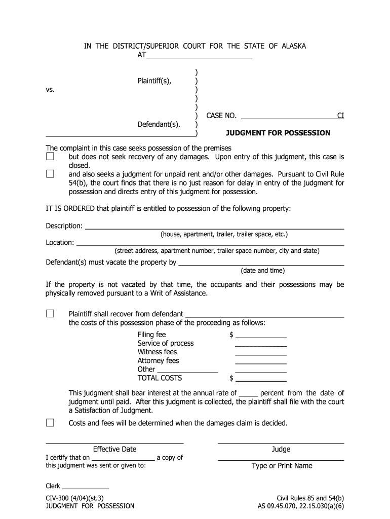 CIV 300 Judgment For Possession Civil Forms Fill Out And Sign