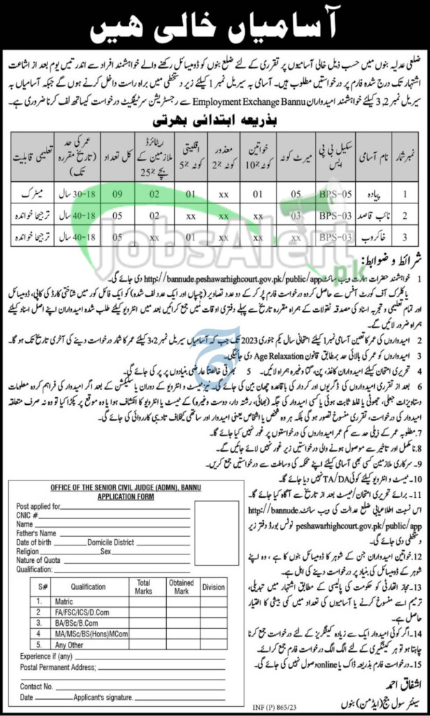 Civil Court Bannu Jobs 2024 Application Form Download