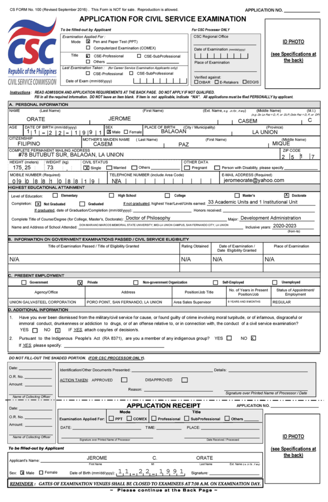 CIVIL SERVICE Form 100 PROFESSIONAL APPLICATION FOR CIVIL SERVICE 