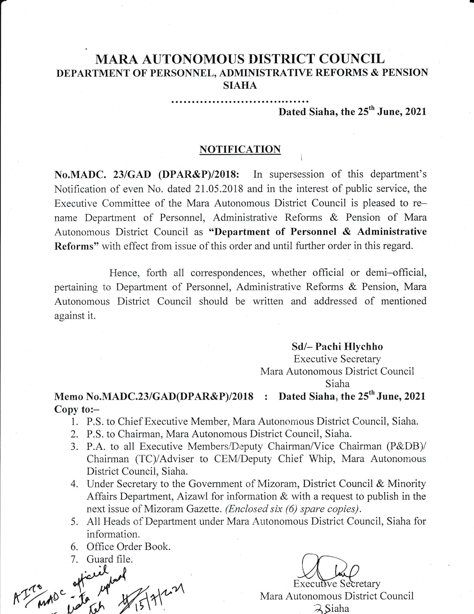 Department Of Personnel Administrative Reforms MADC Siaha Mara