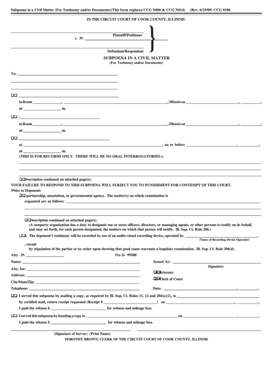 Fillable Ccg 0106 Subpoena In A Civil Matter Form The Circuit Court 