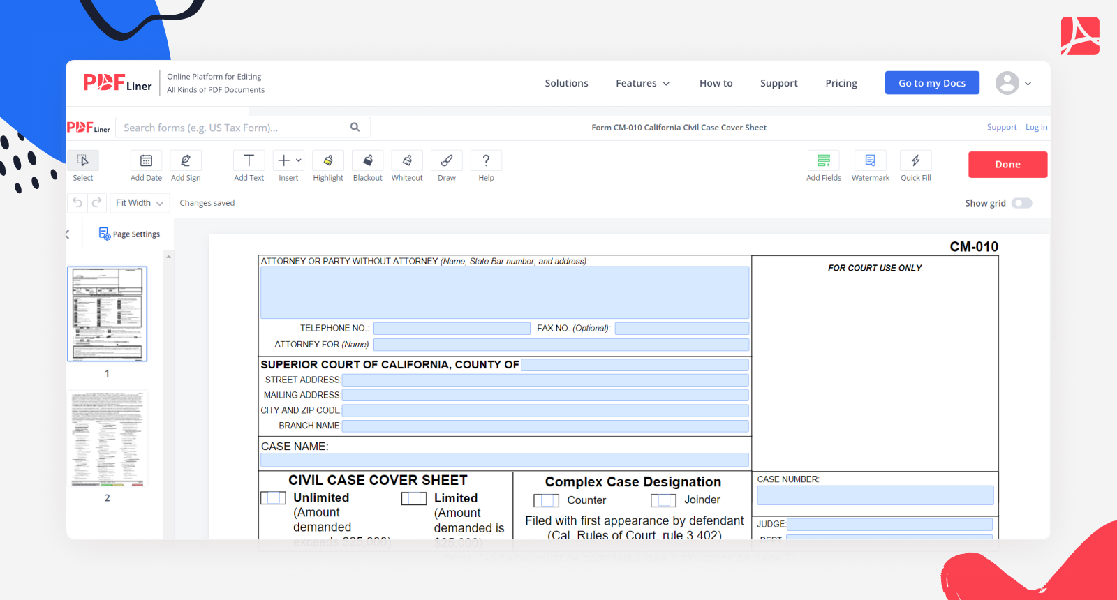 Fillable Form CM 010 California Civil Case Cover Sheet PDFliner