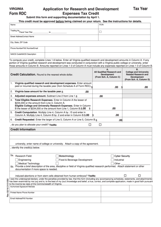 Fillable Form Rdc Application For Research And Development Expenses 