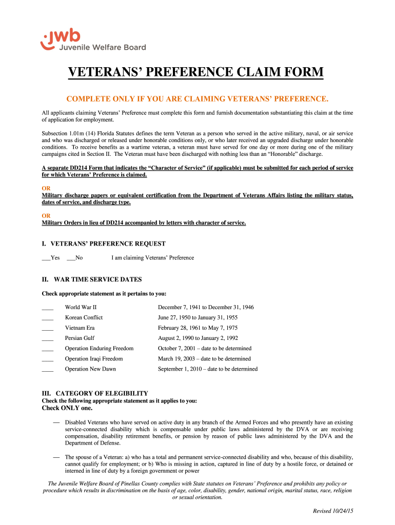 Fillable Online VETERANS PREFERENCE CLAIM FORM JWB Fax Email Print 