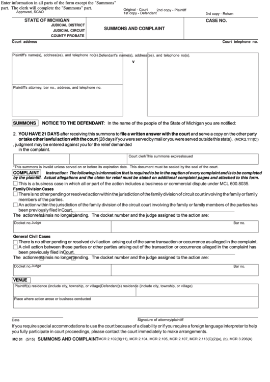 Fillable Summons And Complaint Michigan Courts Printable Pdf Download