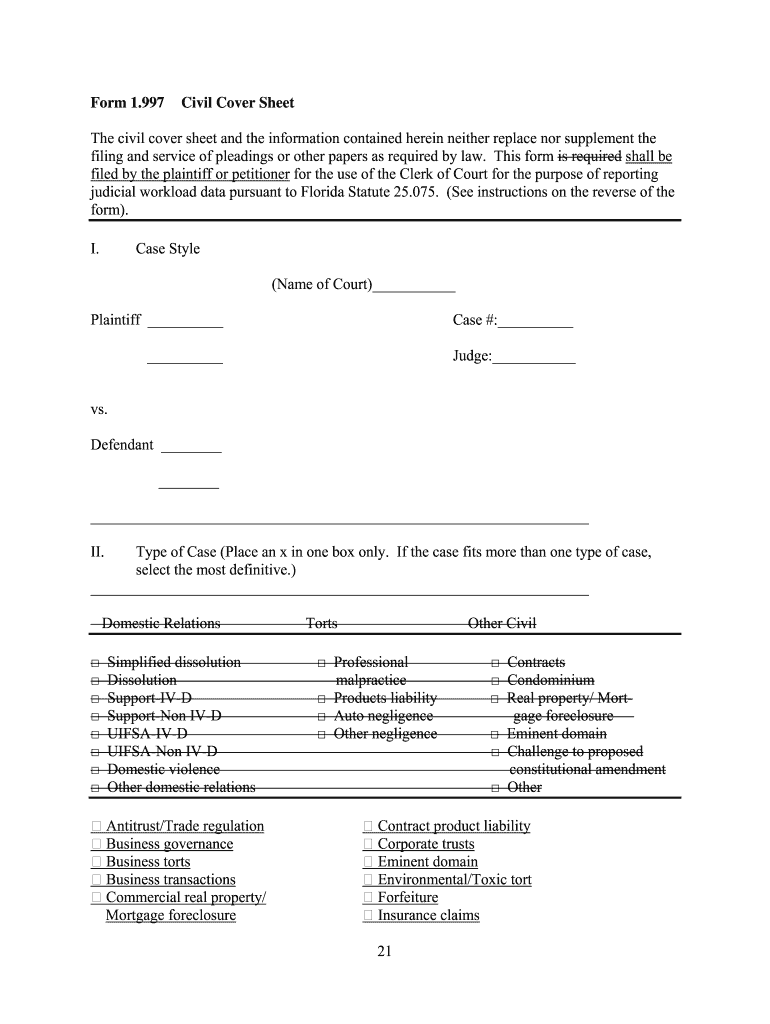 FL Supreme Court Form 1 997 Civil Cover Sheet Complete Legal Document 