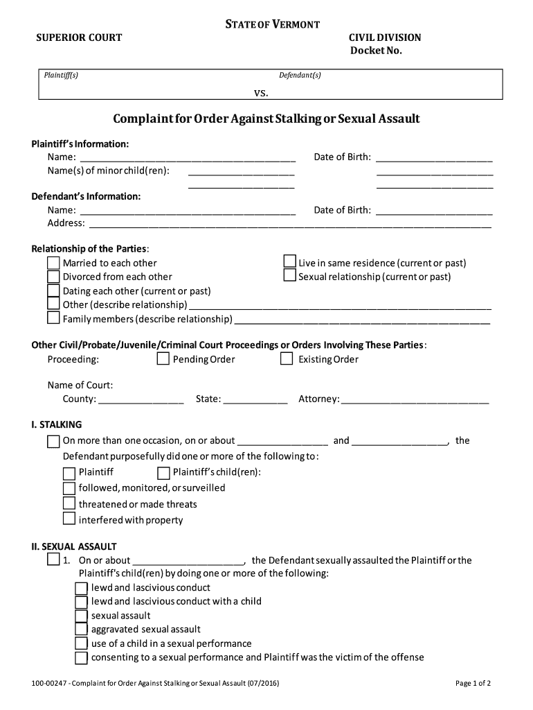 Form 100 00247S Complaint For Order Against Stalking Vermont Fill Out