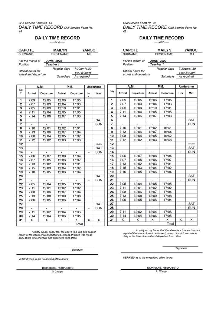 FORM 48 DTR Posted Civil Service Form No 48 DAILY TIME RECORD 