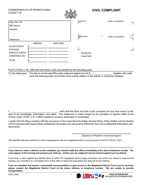 Form AOPC308A Download Fillable PDF Or Fill Online Civil Complaint 