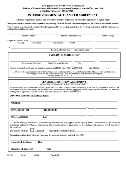 Form Dpf 721 Intergovernmental Transfer Agreement New Jersey State