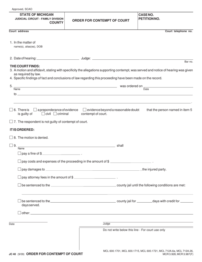 Form JC40 Download Fillable PDF Or Fill Online Order For Contempt Of 