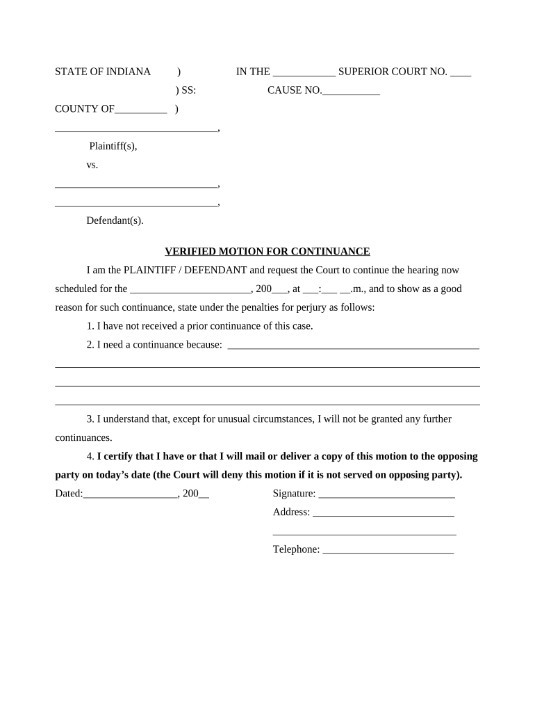 Indiana Continuance Document Form Fill Out And Sign Printable PDF 