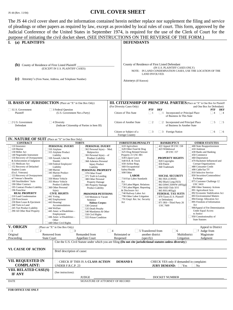 JS 44 Civil Cover Sheet Federal District Court Hawaii Doc Template